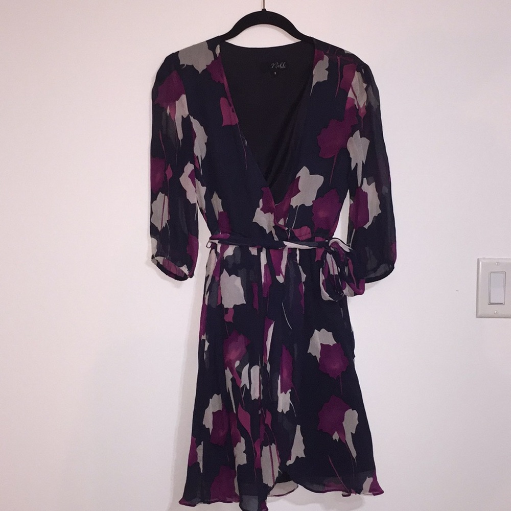 100% Silk Floral dress Nell Couture wrap tie 4 S M